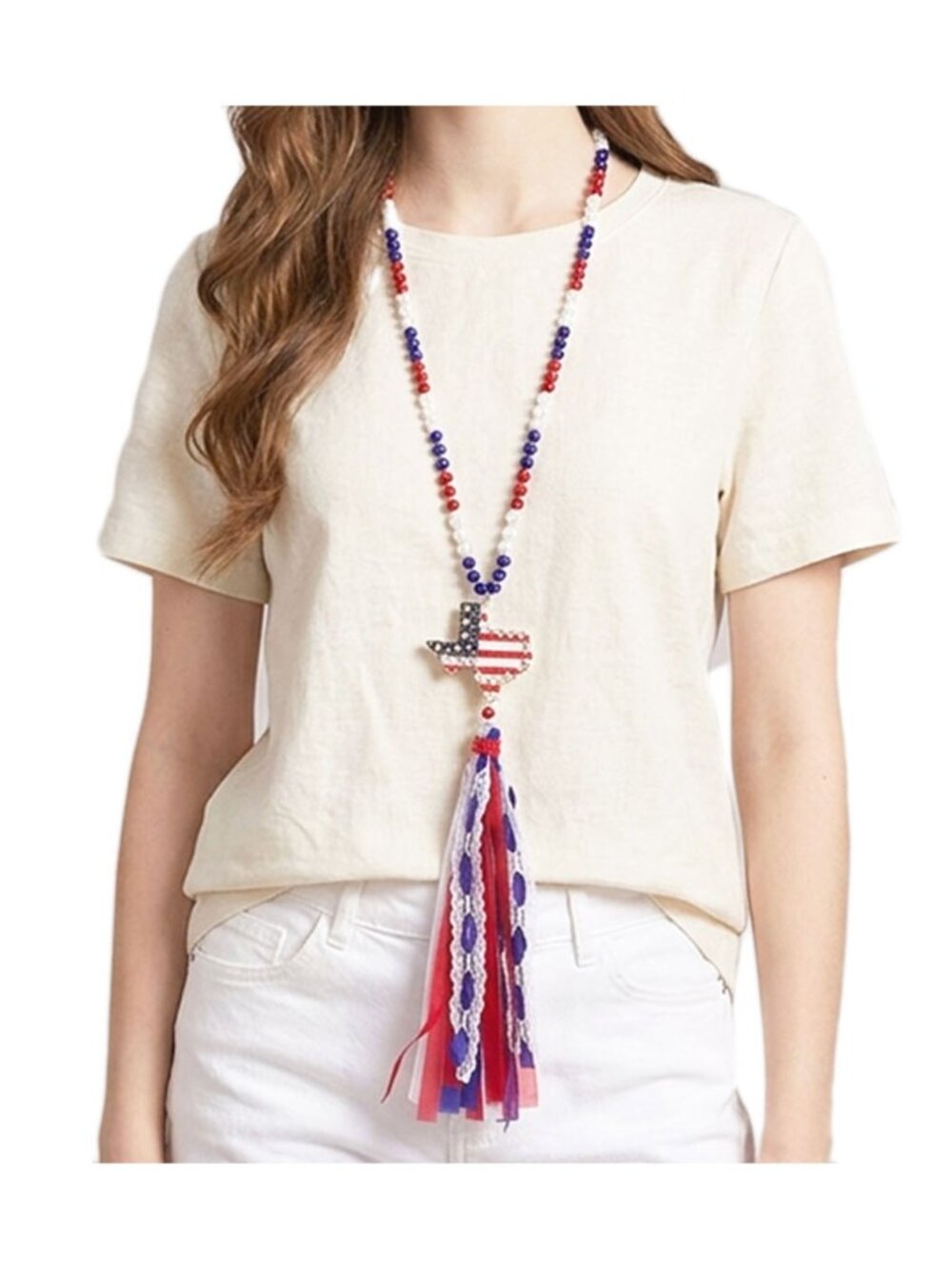 Tigerstars American USA Flag Texas State Map Mesh Fabric Tassel Link Necklace